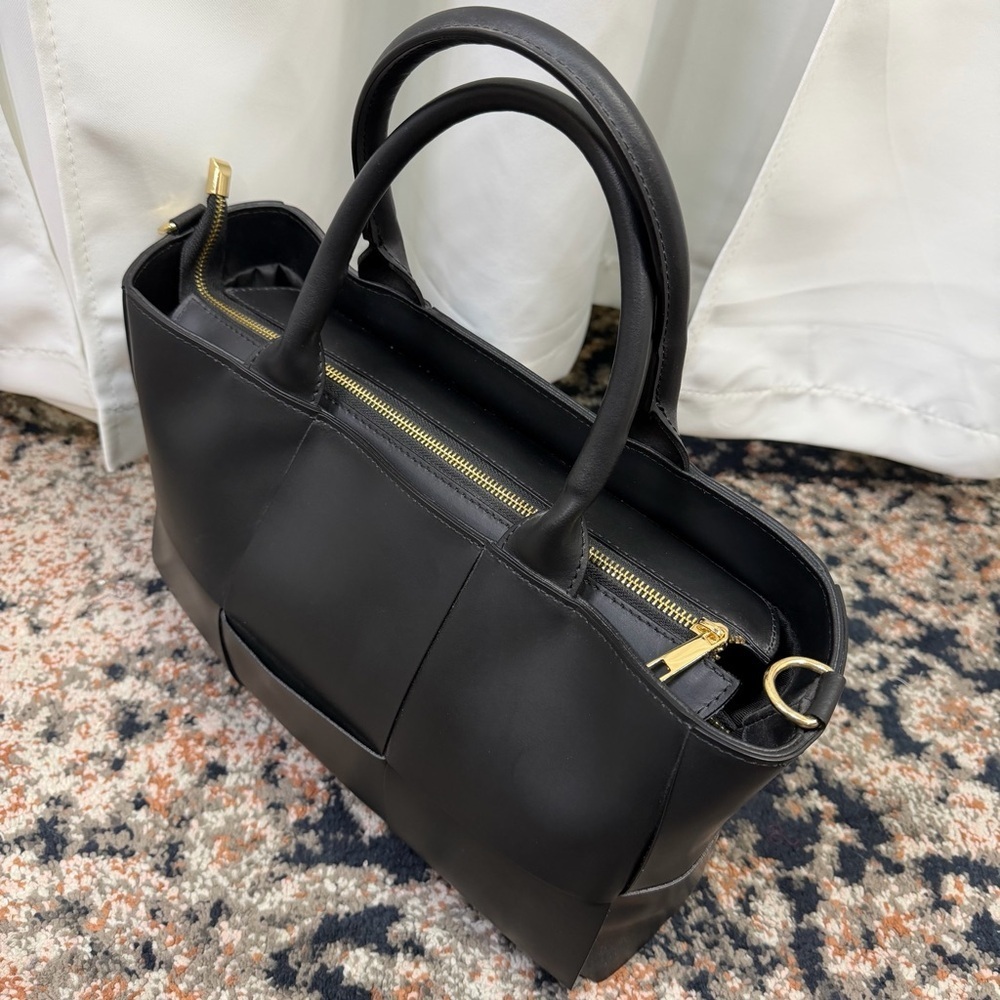 Valentina Fiore Black Smooth Italian Leather Woven Top Handle Satchel Bag - Picture 3 of 16
